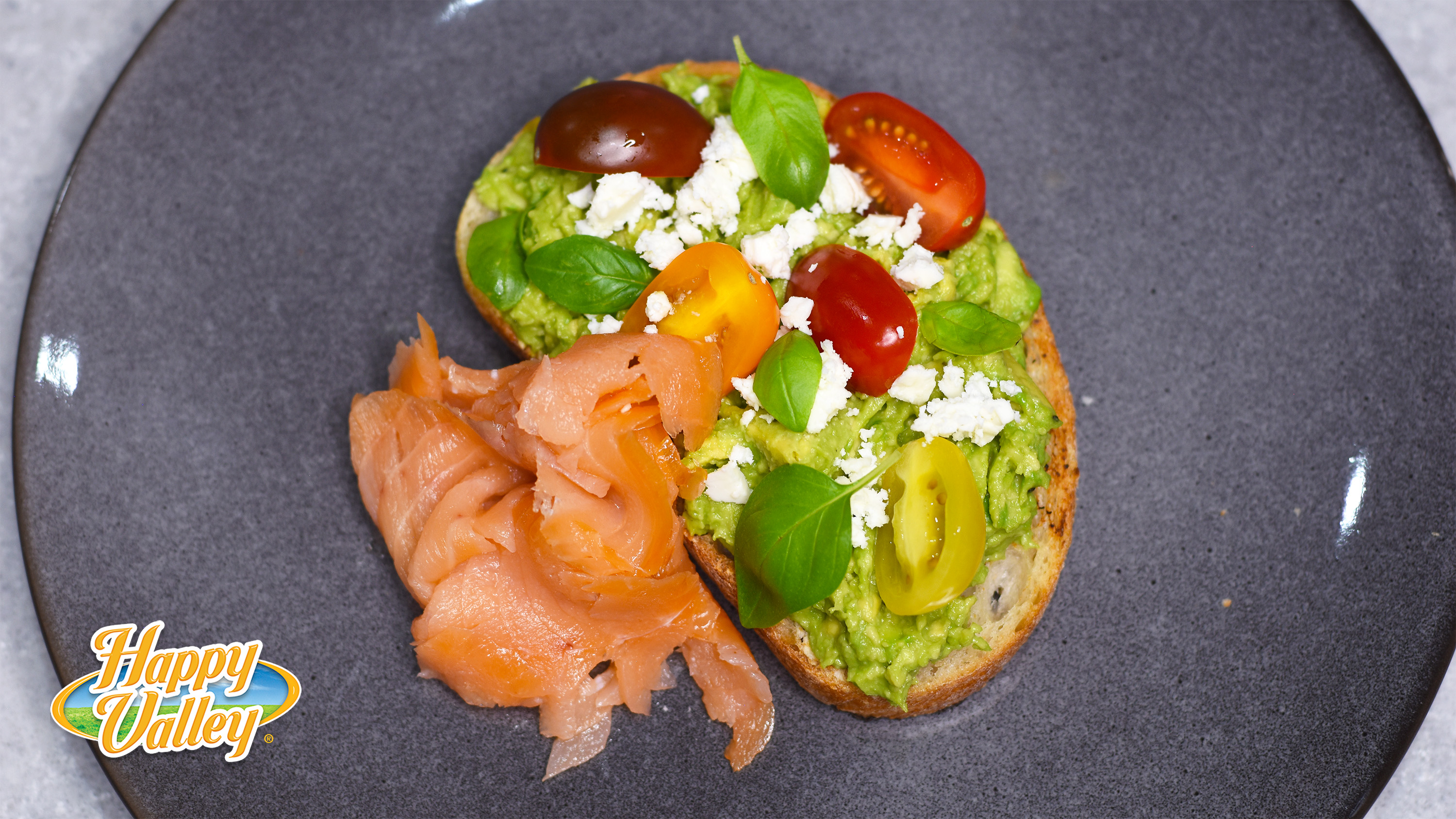 Smashed Avocado with Medley Tomatoes, Feta Cheese, and Smoked Salmon Recipe